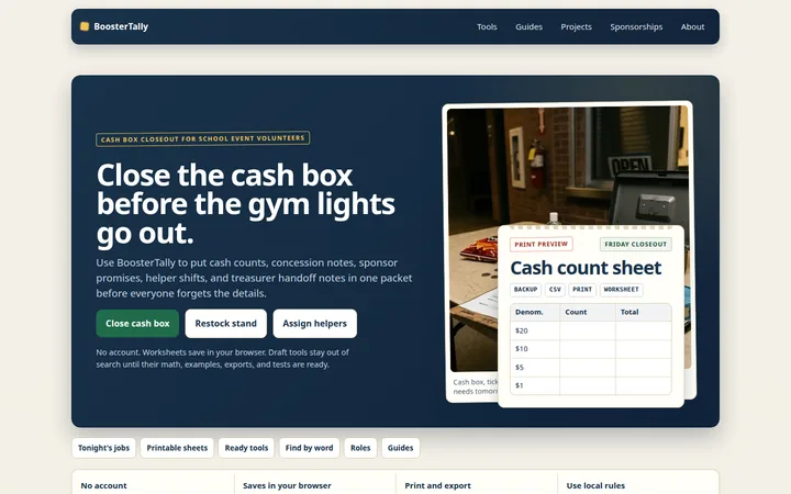 BoosterTally school-event cash box and treasurer worksheet preview
